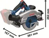 A cordless circular saw with dimensions indicated. Produktbild-Vorschau
