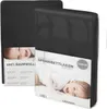 A product image showing a black fitted sheet in its packaging, with a baby featured on the packaging. Produktbild-Vorschau