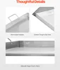 Collage of close-up images highlighting features of a stainless steel griddle plate. Produktbild-Vorschau