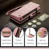 A pink wallet-style phone case is displayed on a brown surface, surrounded by coins, a key, and a banknote. Several circular insets highlight features of the case. Produktbild-Vorschau