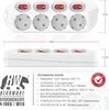 A product image showing a white power strip with four outlets and individual switches, along with technical specifications and branding. Voir les images du produit