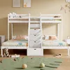 A white bunk bed with three beds and a storage ladder in a child's room. Náhled obrázku produktu