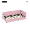 A pink upholstered bed frame with dimensions indicated by text and lines. Produktbild-Vorschau