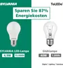 Comparison of a Sylvania LED lamp and a traditional incandescent bulb, highlighting energy savings. Produktbild-Vorschau