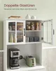 A white kitchen cabinet with glass doors, displaying various kitchen items like a coffee maker, toaster, mugs, and jars. Produktbild-Vorschau