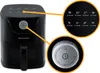 A black air fryer with close-up views of its control panel and timer dial, highlighting cooking presets and time settings. Anteprima dell’immagine prodotto