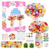 A DIY button bouquet craft kit is displayed with its components and finished examples. Produktbild-Vorschau