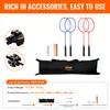 A collage showing a badminton set with various accessories and specifications. Produktbild-Vorschau