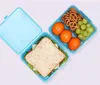 A blue lunchbox with a sandwich, tangerines, grapes, and pretzels. Podgląd zdjęcia produktu