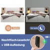 A split image showing a bed in a bedroom during the day and night, with additional marketing text and graphics at the bottom. Produktbild-Vorschau