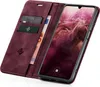 A burgundy flip-case wallet for a smartphone is open, showing the phone screen and card slots. Produktbild-Vorschau