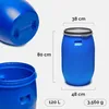 A blue plastic barrel with dimensions and capacity indicated. Voir les images du produit
