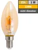 A close-up studio shot of a single LED filament candle light bulb with a metallic base, placed on a white background. To the right of the bulb, there is a graphic overlay with product specifications. Produktbild-Vorschau