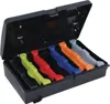 A black case containing several colorful mandoline slicer attachments. Produktbild-Vorschau