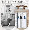 A split image showing a woman looking stressed in a cluttered room on the left, and organized garment bags with clothes inside on the right. The text 'CLOTHES STORAGE' is at the top. Produktbild-Vorschau