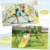 A collage of two images showing a climbing dome with a slide, one indoors and one outdoors, with children playing on it. Náhľad obrázku produktu