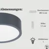 A close-up of a round ceiling light with text and icons indicating its dimensions and features. Produktbild-Vorschau