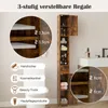 A tall, narrow bathroom cabinet next to a toilet, with close-up insets showing shelf adjustability and examples of items that can be stored. Podgląd zdjęcia produktu
