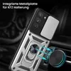 A close-up of a rugged phone case with a ring holder, shown attached to a car vent mount. Produktbild-Vorschau