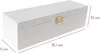 A white wooden box with a gold latch, shown with dimensions indicated by lines and text. Produktbild-Vorschau
