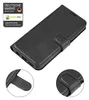 A black flip case for a smartphone, shown from a diagonal angle, with close-up insets of the closure mechanism. Produktbild-Vorschau