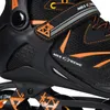 A close-up view of a black and orange inline skate, focusing on the boot and wheel assembly. Podgląd zdjęcia produktu