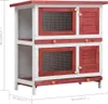 A two-story wooden rabbit hutch with red accents and wire mesh windows. Produktbild-Vorschau