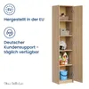 A tall, narrow cabinet with its door open, showing several shelves with various items. To the left, there are icons and text indicating EU manufacturing and customer support. The background is plain white. Produktbild-Vorschau