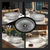 A collage of images showcasing a glass vessel sink in various bathroom settings. Podgląd zdjęcia produktu