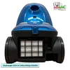 Rear view of a blue canister vacuum cleaner with a visible filter compartment. Produktbild-Vorschau
