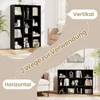 A split image showing a black bookshelf in two different orientations: vertical and horizontal, with text overlays indicating the usage. Podgląd zdjęcia produktu