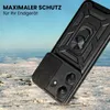 A black phone case with a ring holder is shown in a snowy, outdoor environment. Produktbild-Vorschau