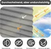 A close-up view of a grey pleated blind with arrows indicating light and UV protection, set against a background of a sky with sunbeams. Four circular icons with text are displayed at the bottom, representing product features. Produktbild-Vorschau