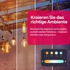 A collage of images showing different lighting effects of smart light bulbs, with text overlays explaining how to create the right ambiance. Produktbild-Vorschau