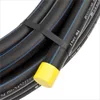 A coiled black pipe with blue stripes, secured by a black band, and capped with a yellow end. Produktbild-Vorschau