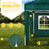A green pop-up gazebo with a window, set up on a grassy lawn during a rain shower. The image highlights features like waterproof material, hand-washable fabric, and a practical entrance. Produktbild-Vorschau