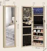 A jewelry cabinet with a mirror, open to reveal storage compartments and jewelry. Dimensions are indicated with text. Produktbild-Vorschau