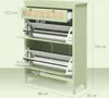 A light green shoe cabinet with multiple shelves and a drawer, shown with dimensions indicated by text overlays. Voir les images du produit