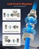 Diagrams showing different types of nickel-plated brass fittings for an air compressor line, with a large illustration of a fitting connecting to a blue tube on the right. Podgląd zdjęcia produktu