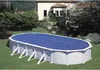 An oval above-ground swimming pool covered with a blue solar cover, situated in a grassy backyard next to a house and trees. Produktbild-Vorschau