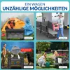 Collage of four scenes showing a foldable transport wagon being used for camping, everyday errands, leisure with pets, and gardening. Náhľad obrázku produktu