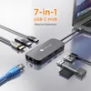 A USB-C hub is connected to a laptop, with various cables and devices plugged into it, showcasing its connectivity options. Produktbild-Vorschau