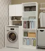A laundry room with a washing machine, shelves filled with laundry supplies and towels, and a laundry basket. Produktbild-Vorschau