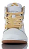 A close-up front view of a white Nike Air Jordan 1 Retro Hi sneaker with gold laces and accents. Podgląd zdjęcia produktu