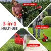 A collage of images showing a woman using a brush cutter, a person using a grass trimmer, and a close-up of a lawn edger, with text overlays highlighting the product's multi-use capabilities. Produktbild-Vorschau