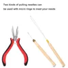 A set of hair extension tools, including pliers and two pulling needles, displayed on a white background with descriptive text. Náhľad obrázku produktu