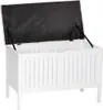 A white wooden storage bench with its lid open, showing the dark interior lining. Podgląd zdjęcia produktu