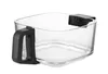 A clear studio shot of a glass bowl with a black handle and clip. Produktbild-Vorschau