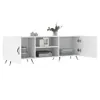A white TV stand with open doors and shelves, displaying some items. Produktbild-Vorschau