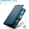 A blue leather wallet-style phone case is shown open, displaying the phone screen and highlighting its magnetic closure feature. Produktbild-Vorschau